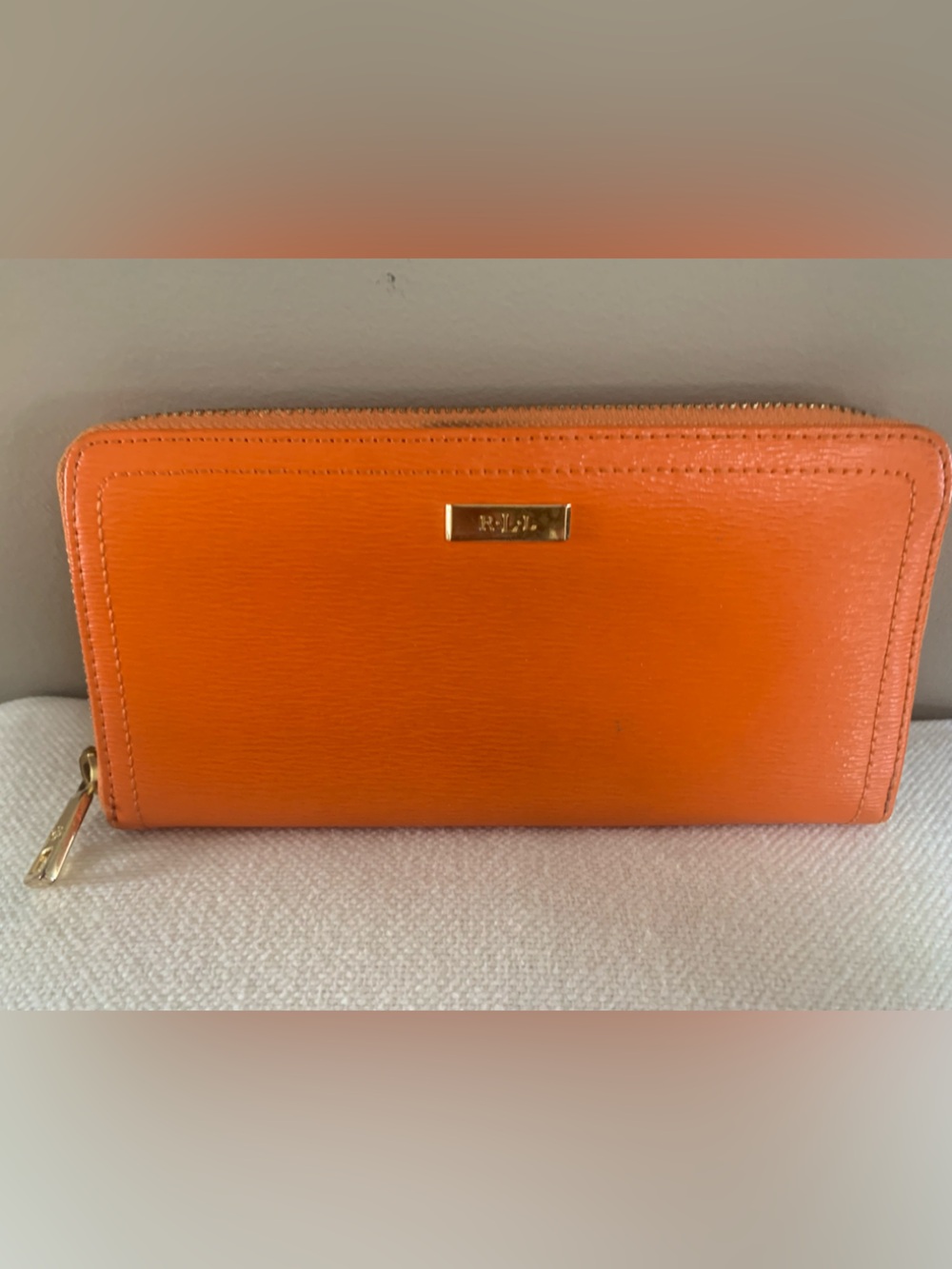 Lauren Ralph Lauren Orange Zip-Around Leather Wallet with Gold Hardware